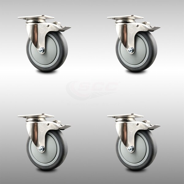 Service Caster 5 Inch 316SS Thermoplastic Rubber Swivel Top Plate Caster Set Total Lock Brake SCC-SS316TTL20S514-TPRB-4 - main